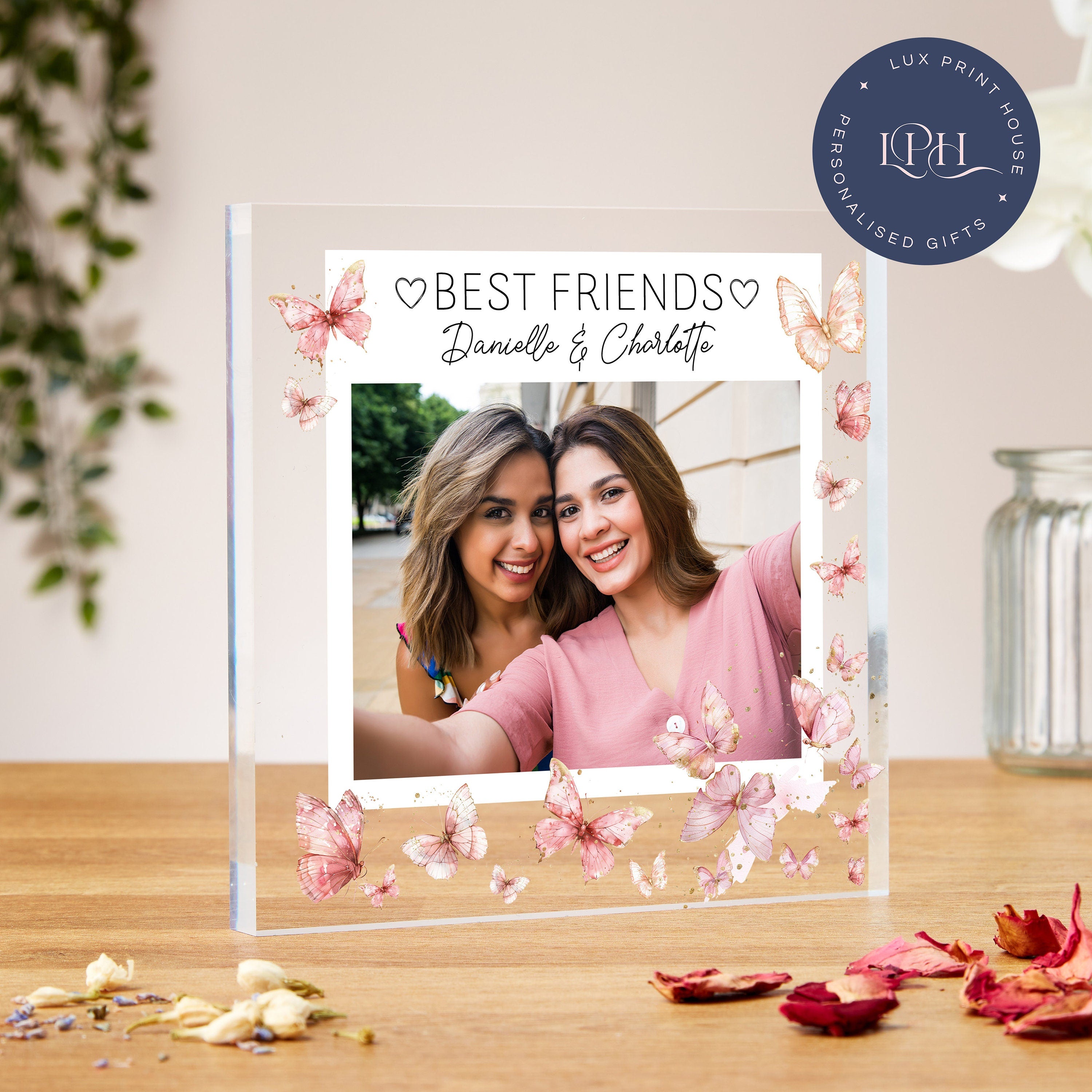 Best Friend Acrylic Photo Block, Personalised 13th Birthday Friend Photograph Gift, Pink Butterfly Florals