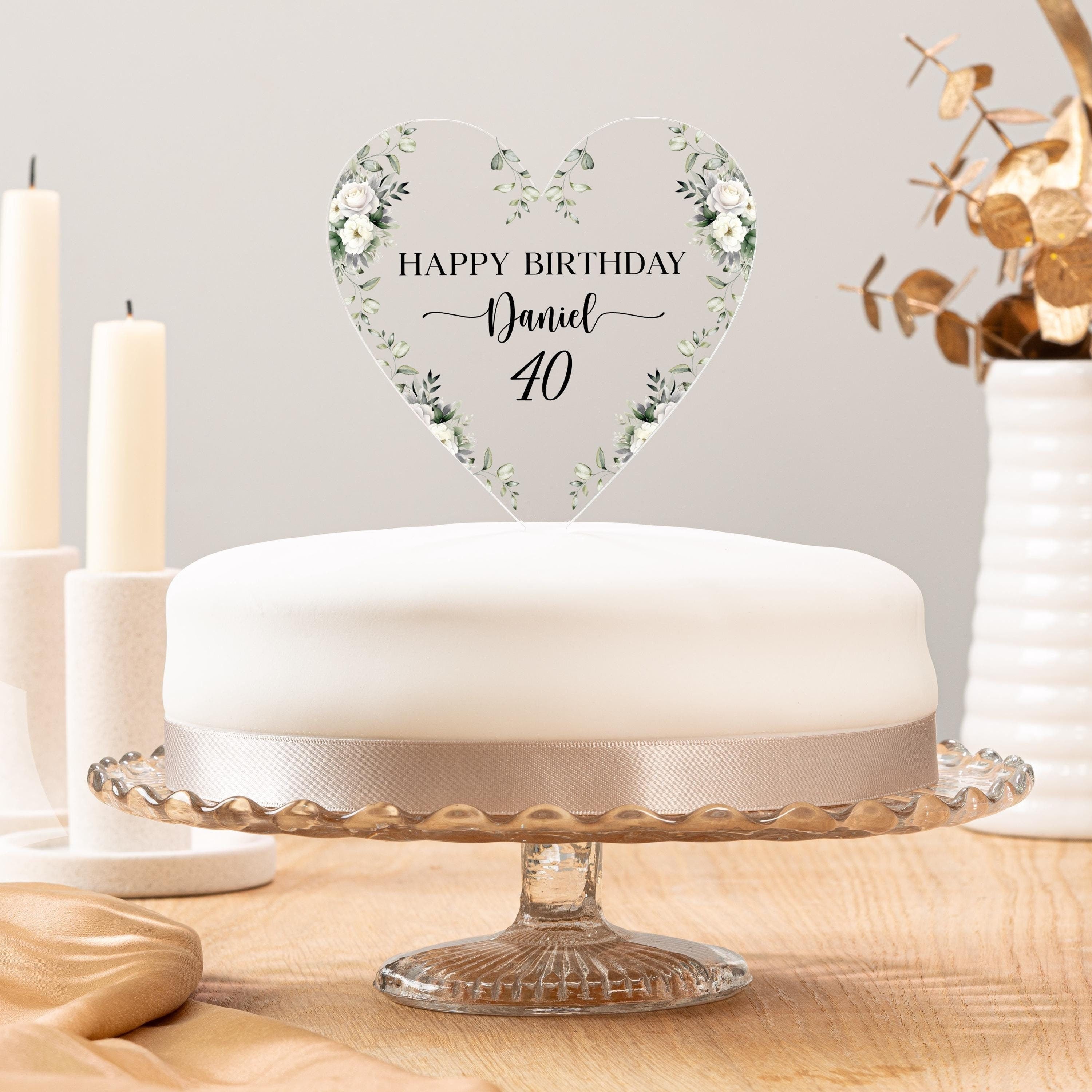 Personalised Acrylic Heart Cake Topper, 40th Birthday Or Any Age
