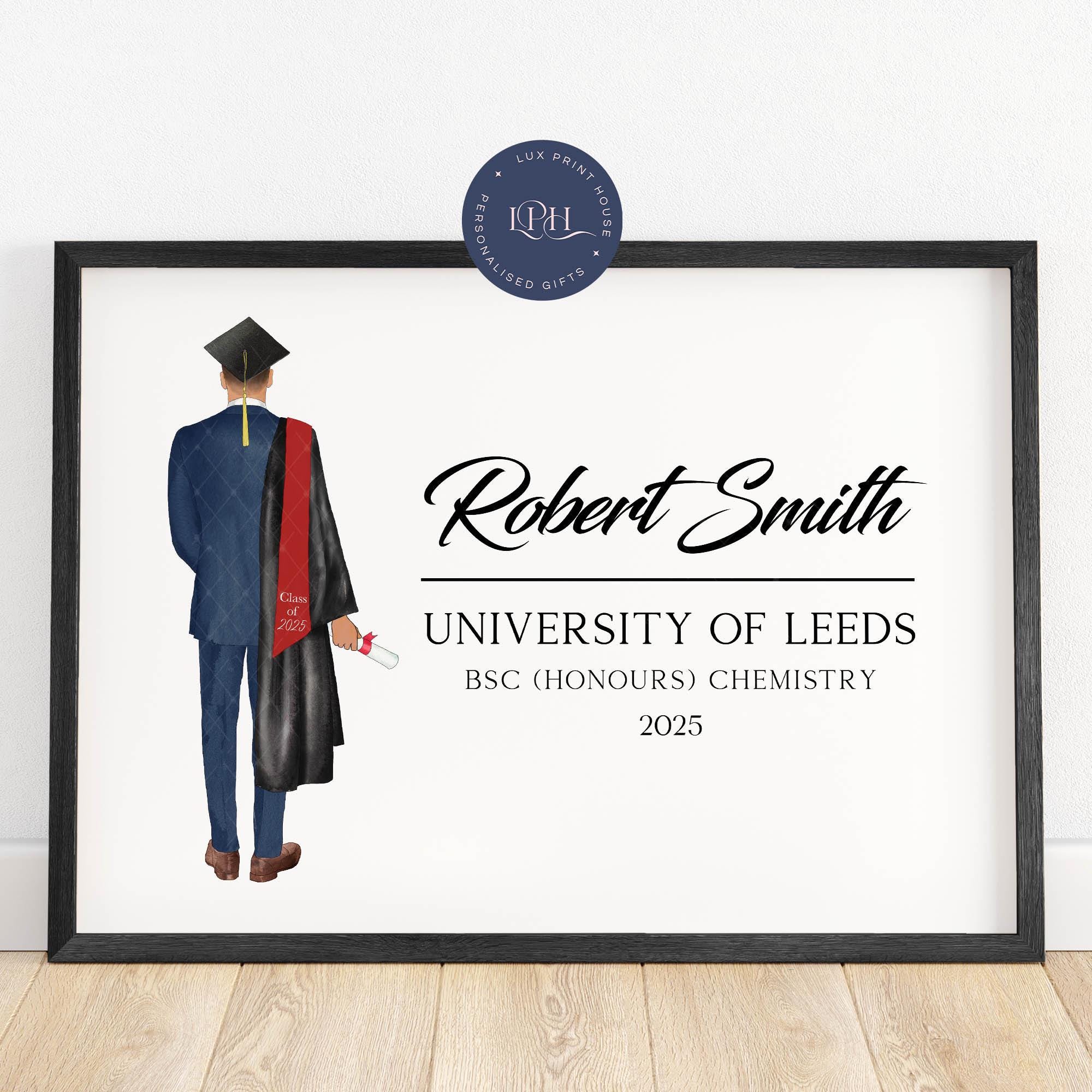 Framed graduation print featuring an illustration of a male graduate in a suit with a gown, mortarboard, and stole reading “Class of 2025.” He holds a diploma in one hand. Customisable text beside the figure allows for adding the graduate’s name, university, degree title, and graduation year. A modern and elegant gift to celebrate academic achievement with a personalised touch.