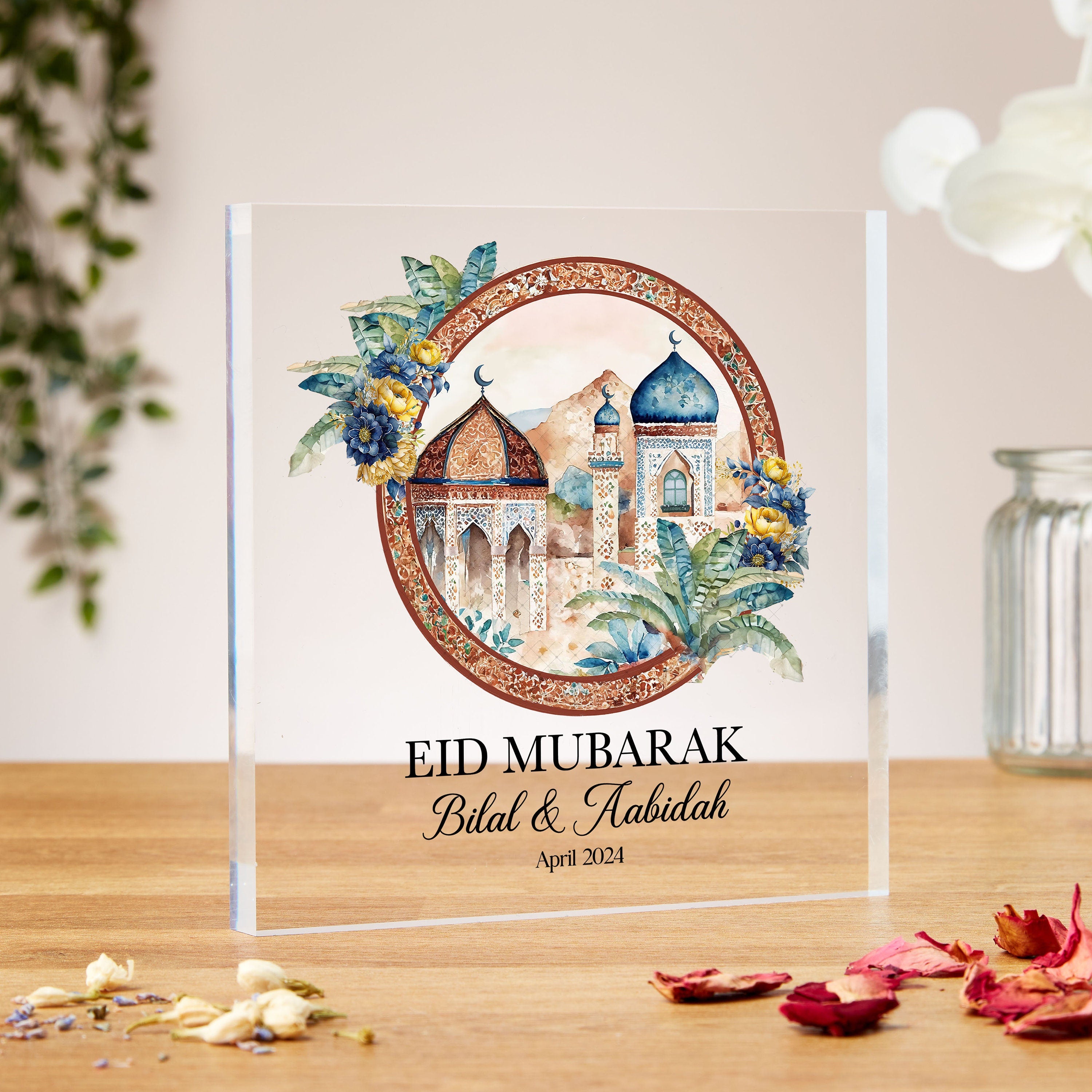 Eid Mubarak Personalised Acrylic Block With Watercolour Artwork