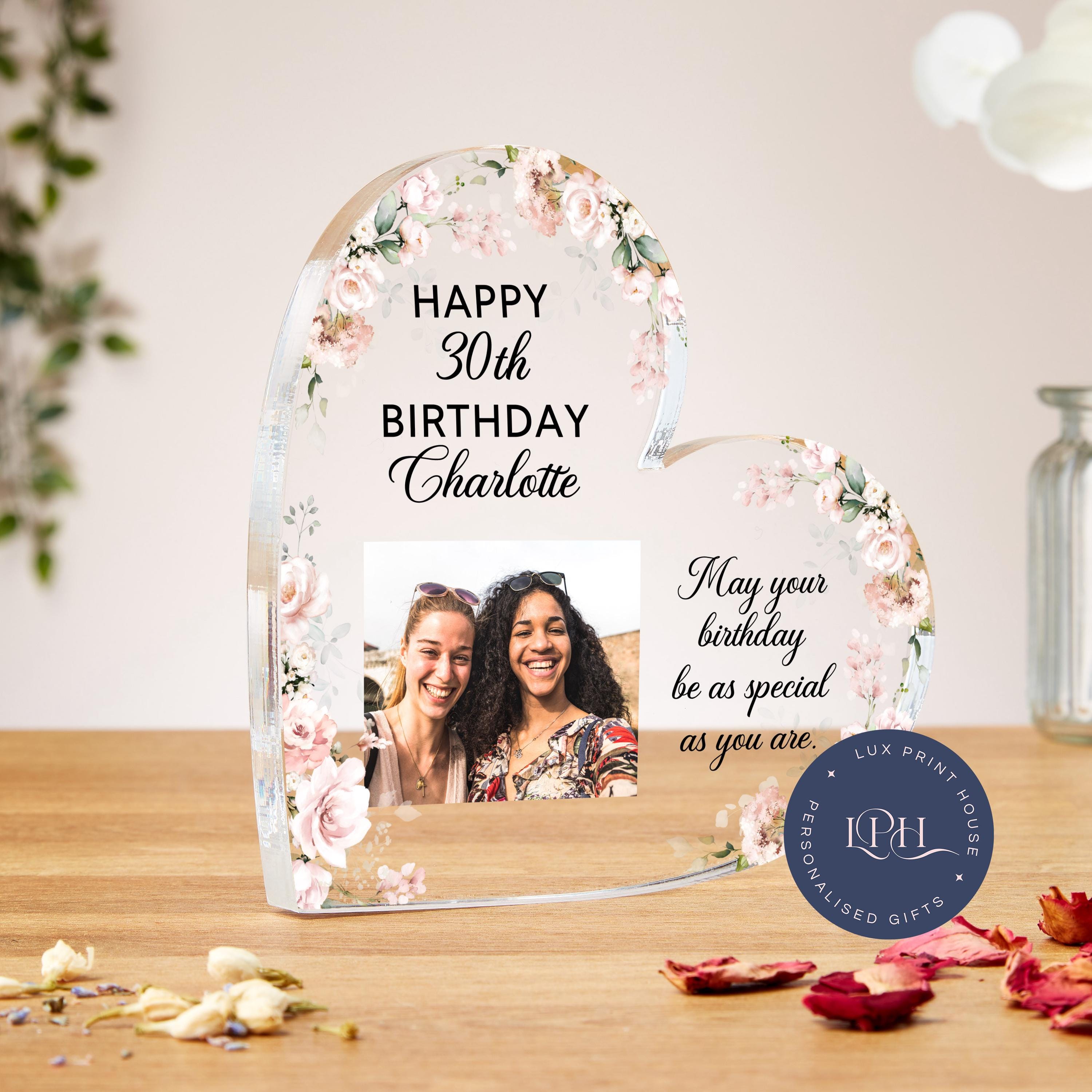30th Birthday Heart Acrylic Photo Block, With Pink Florals And Custom Quote