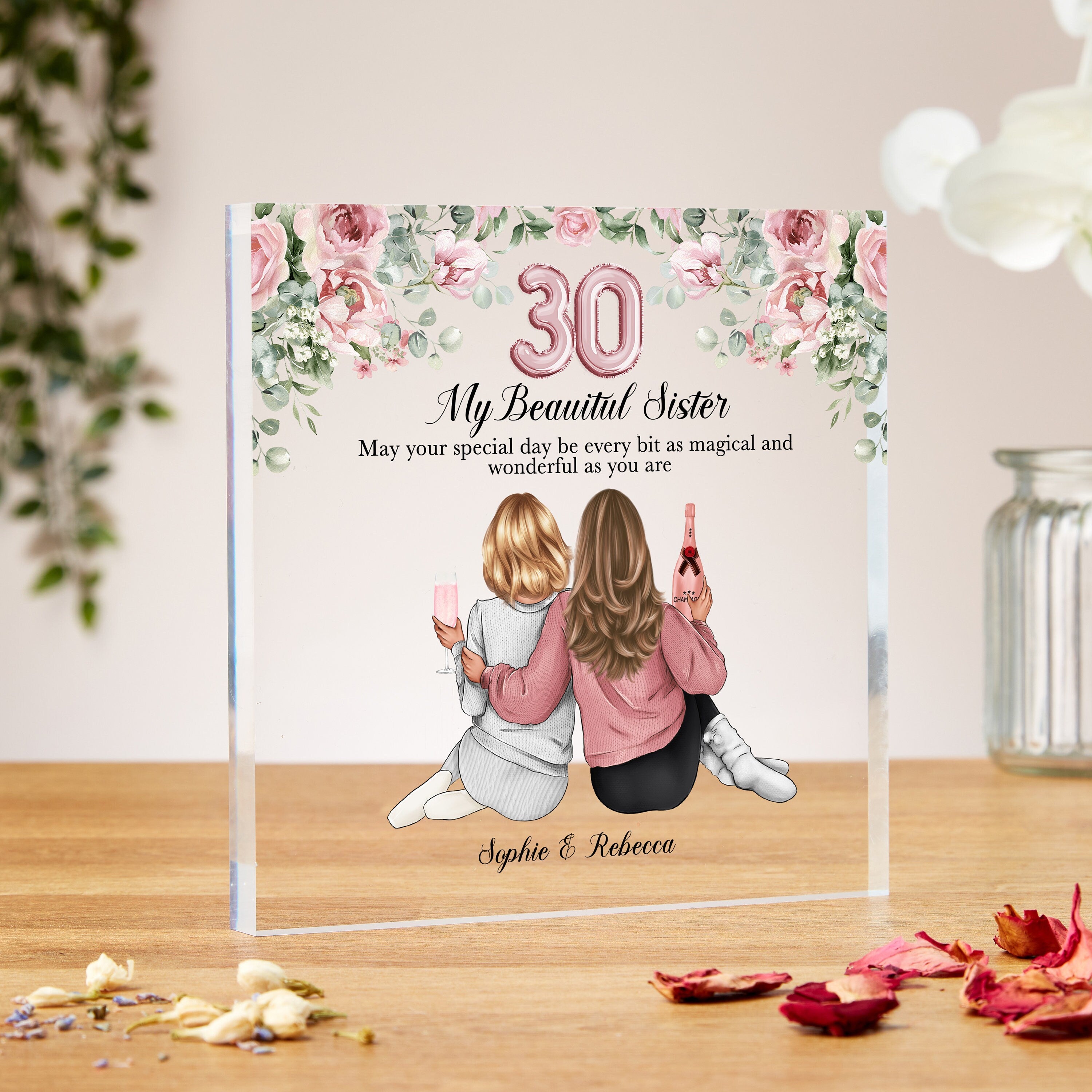 Birthday Gift For Sister, 30th Acrylic Block, Pink Florals