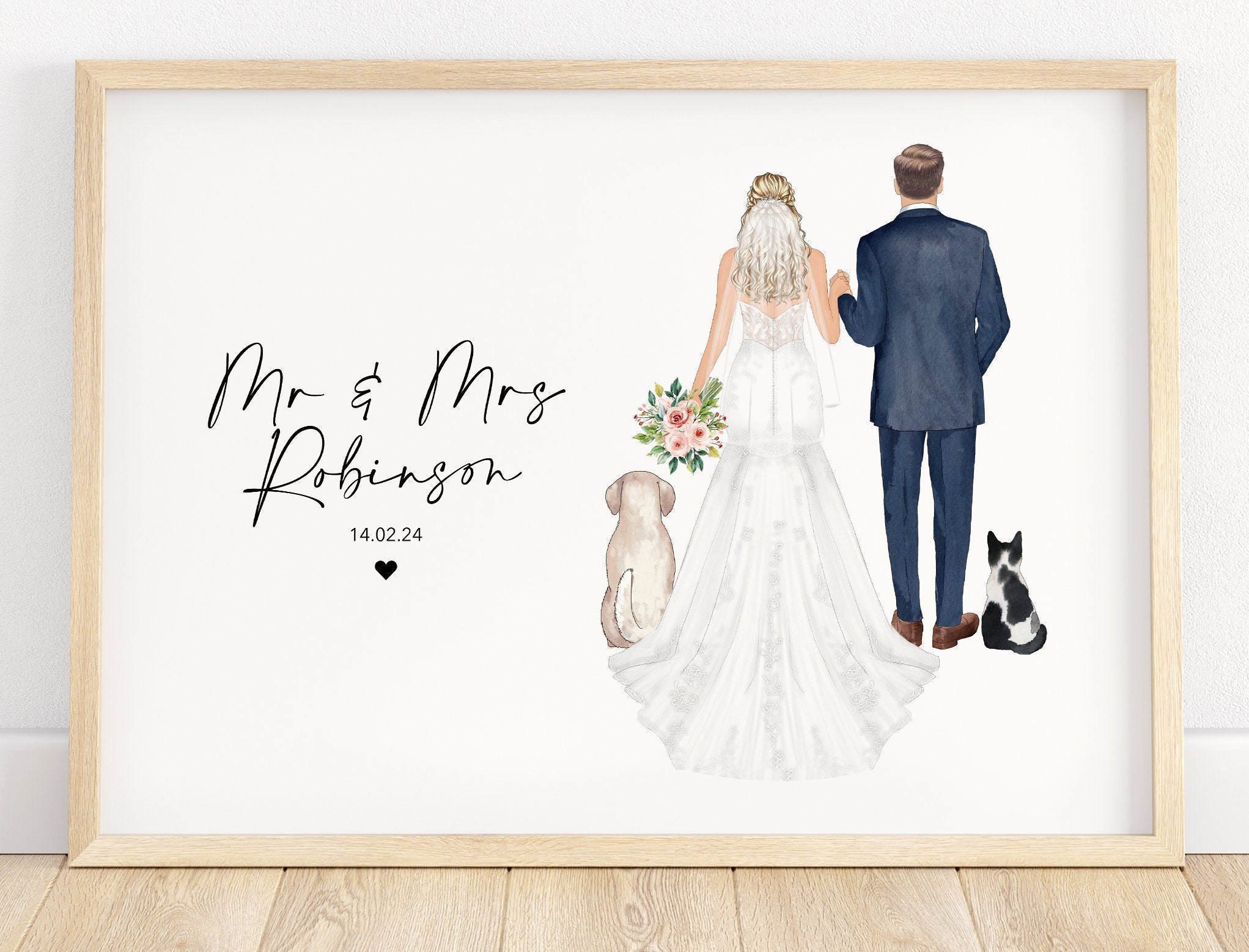 Personalised wedding print with pets, bride and groom print, mr and mrs gift, present, wedding poster, newly weds, wedding illustration