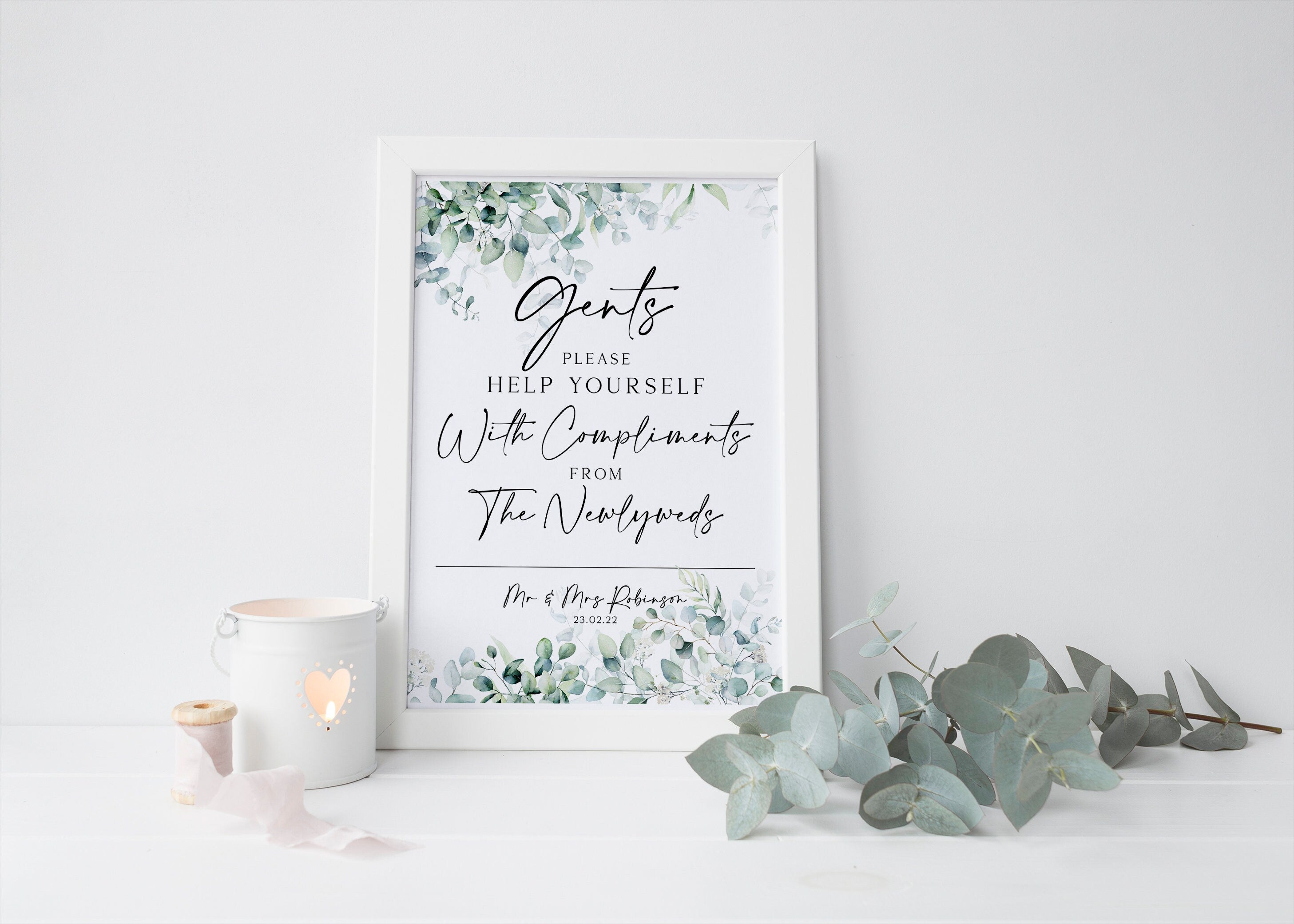 PERSONALISED gents wedding toiletry sign, toilet sign basket, wedding reception sign, gents bathroom wedding sign, freshen up, eucalyptus