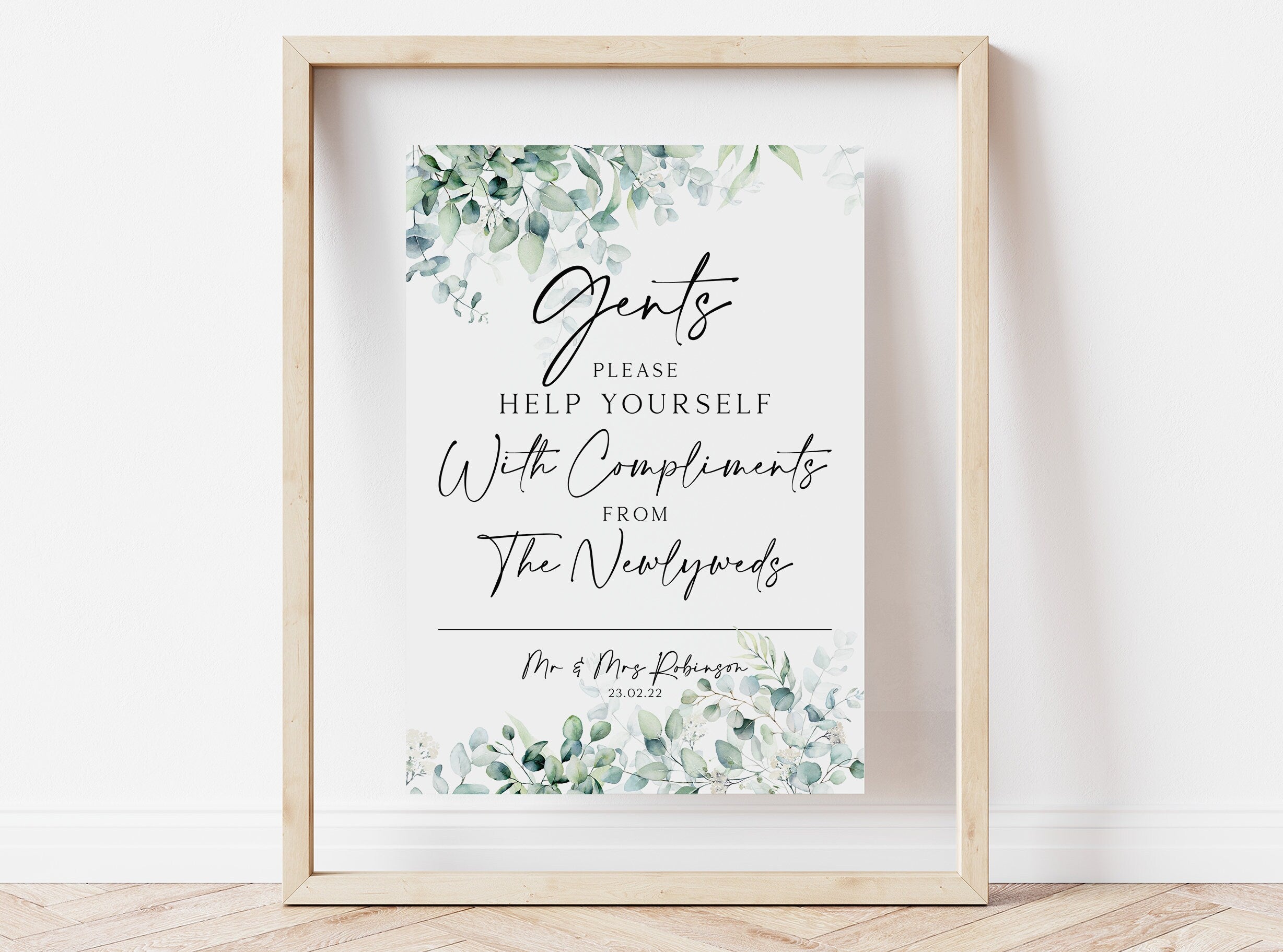 PERSONALISED gents wedding toiletry sign, toilet sign basket, wedding reception sign, gents bathroom wedding sign, freshen up, eucalyptus