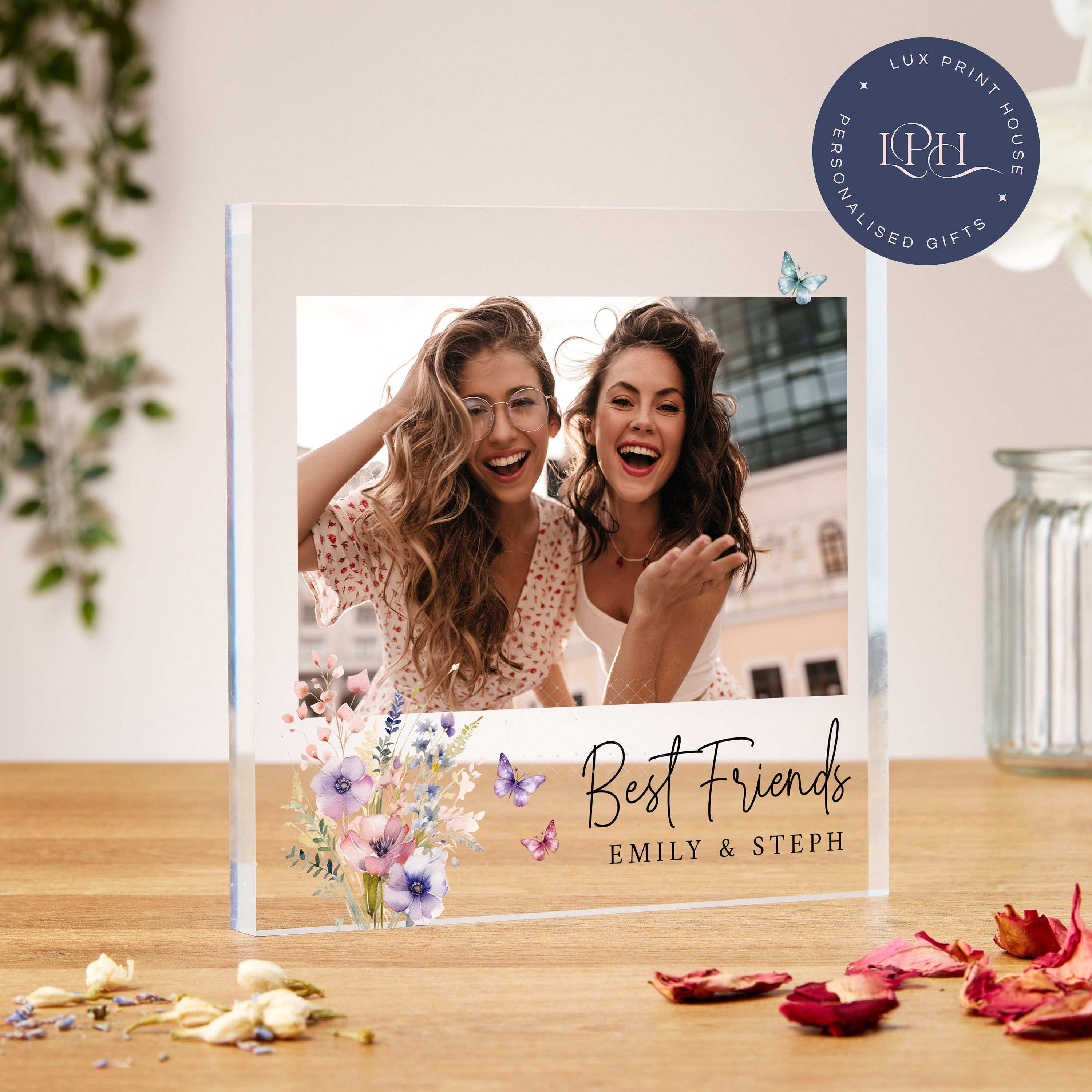 Personalised Best friend Acrylic Photo Block, Custom Friend Birthday Photo Gift, Floral Corners