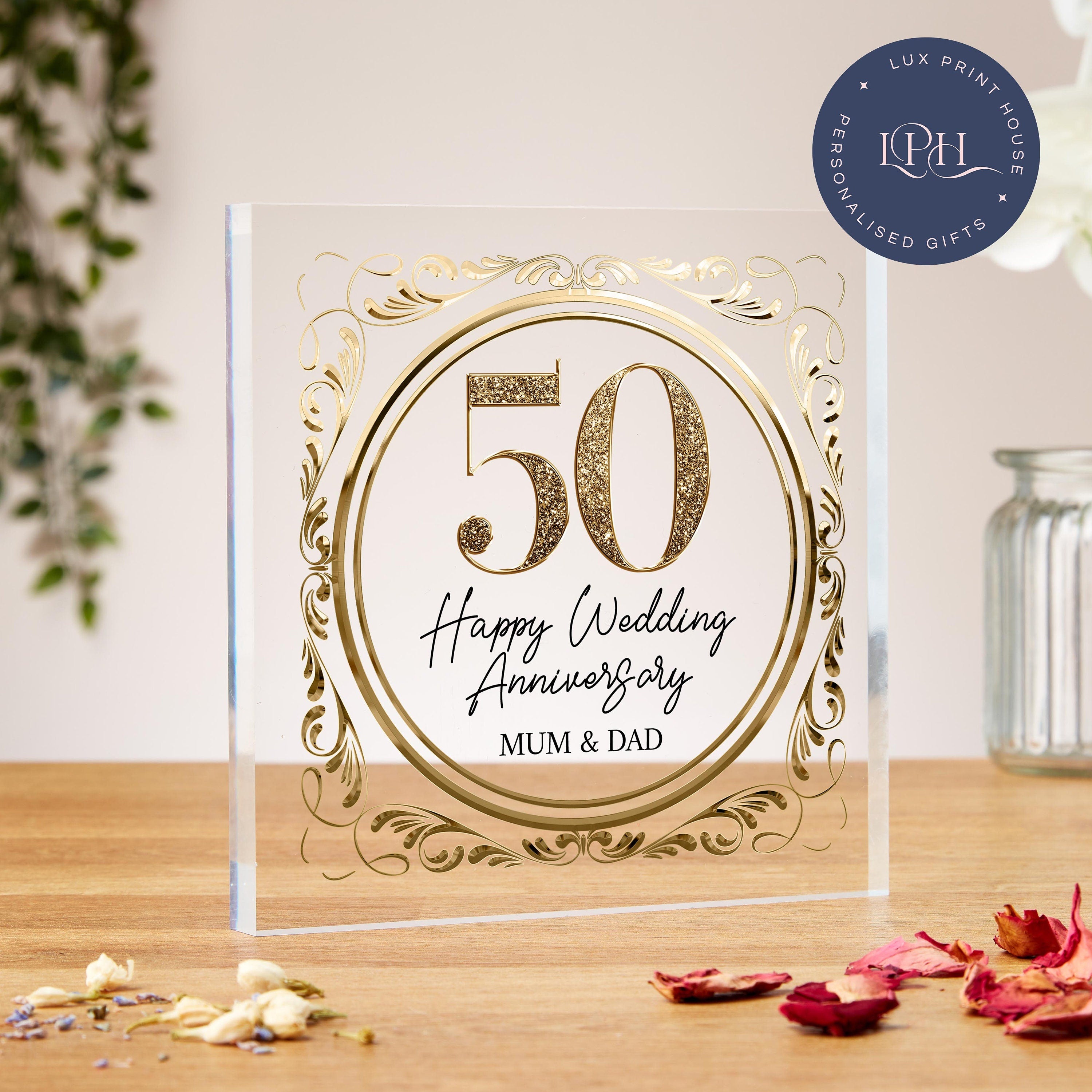 Personalised 50th Gold Wedding Anniversary Acrylic Block