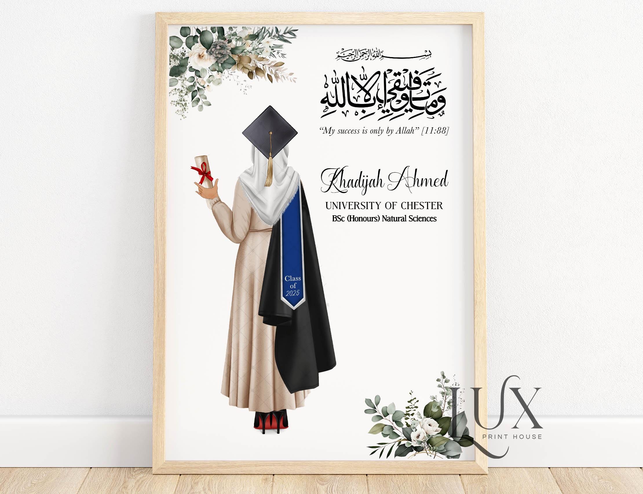 Muslim Graduation Gifts For Her, Personalised Graduation Print With Green And White Florals