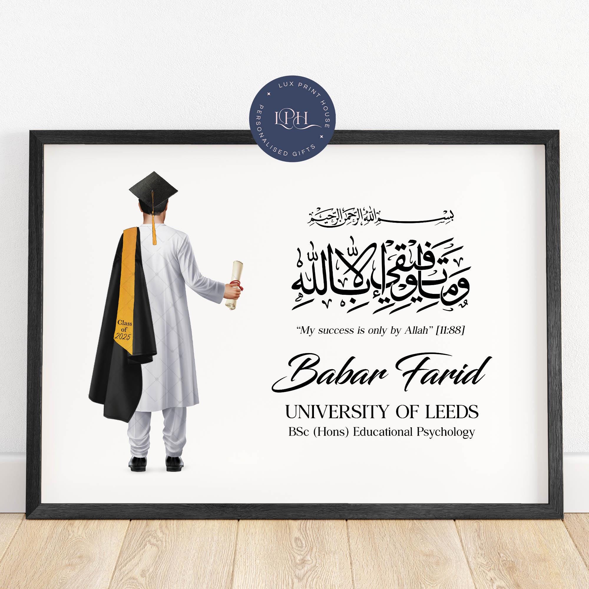 Male Muslim Graduation Print, Arabic Calligraphy 'My Success Is Only By Allah'