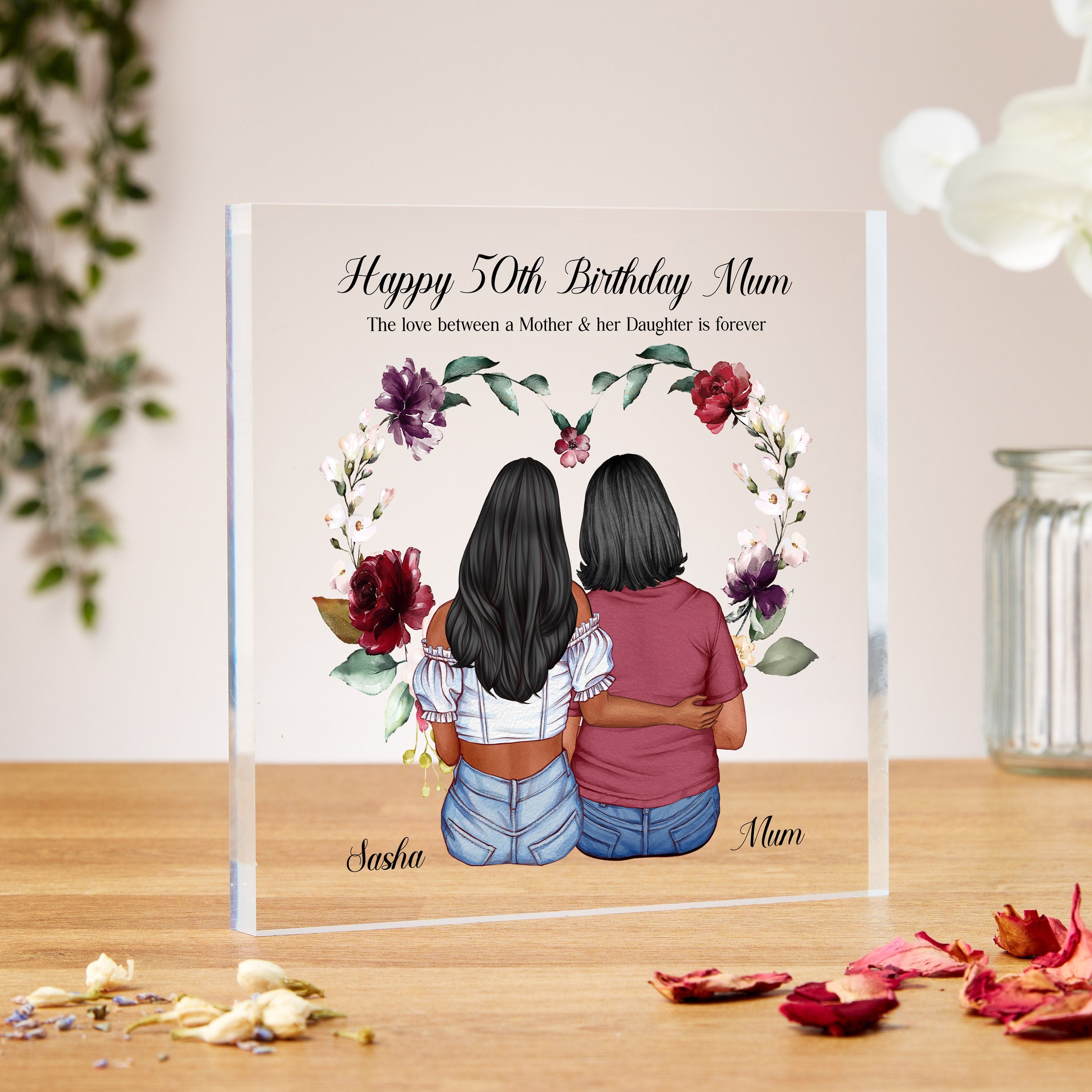 50th Birthday Gift For Mum From Daughter, Acrylic Block With Custom Art And Red Floral Heart