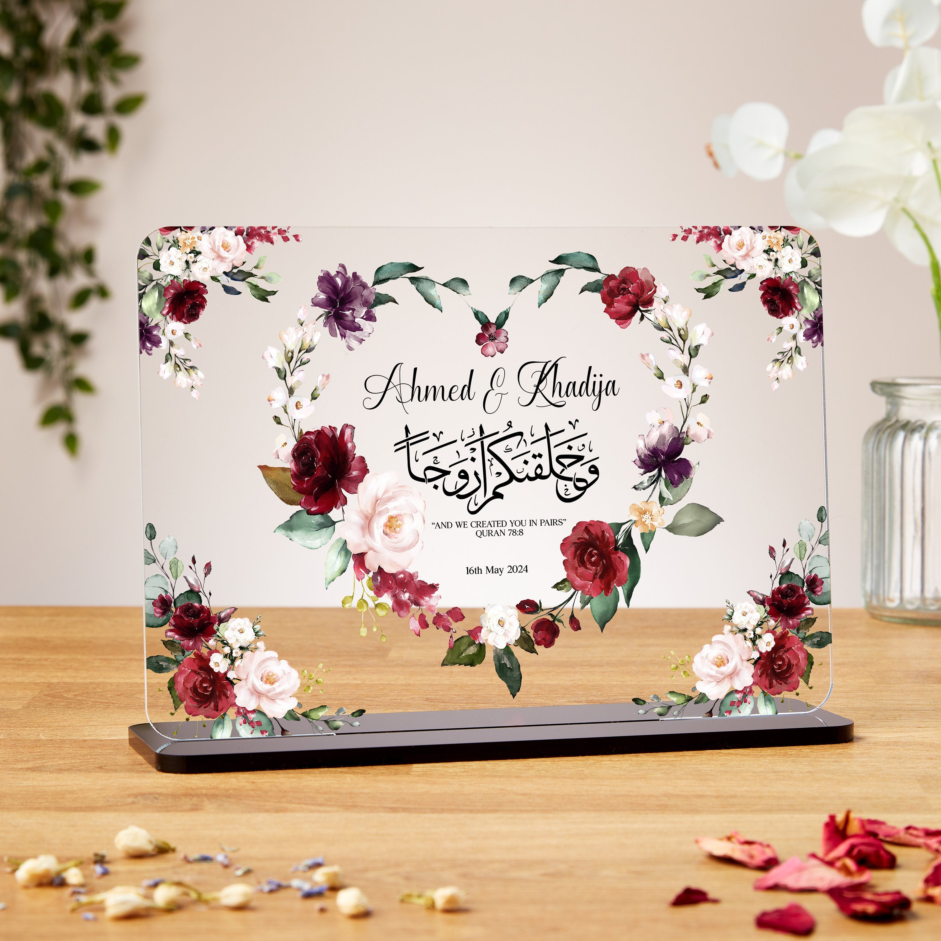 Muslim Wedding Gift With Arabic Calligraphy We Created You In Pairs, Red Flower Heart Acrylic Plaque