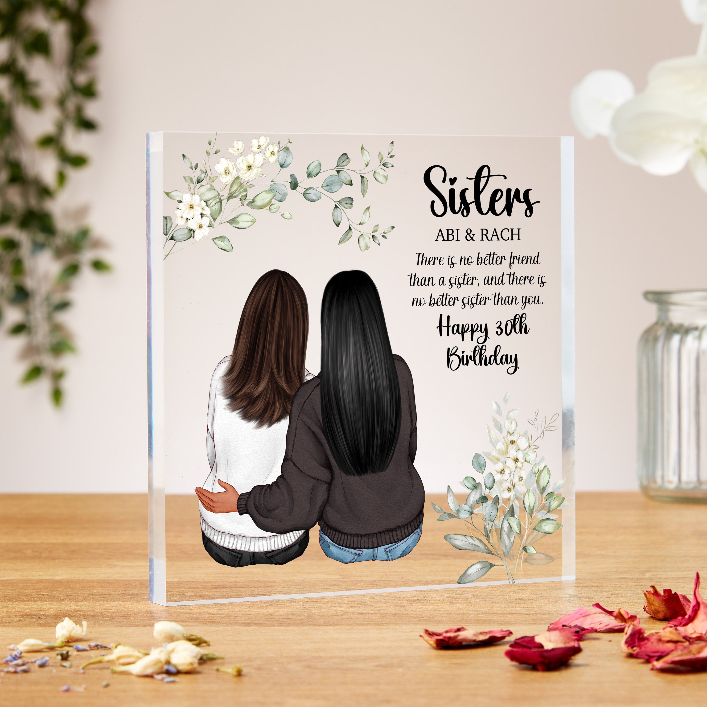 30th Birthday Gift For Sister, Acrylic Block, Green Florals