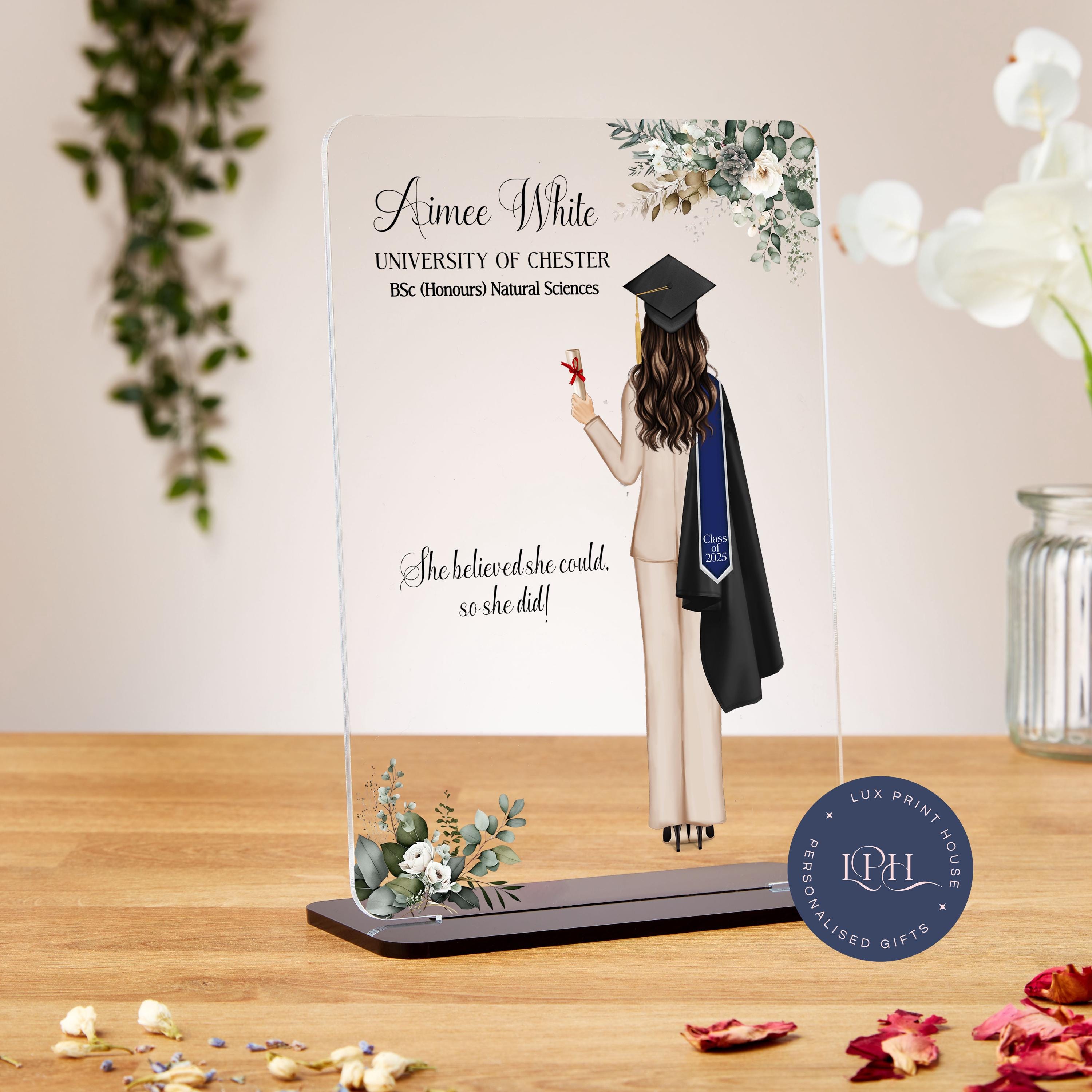 Personalised Graduation Acrylic Plaque For Her, With Green And White Florals