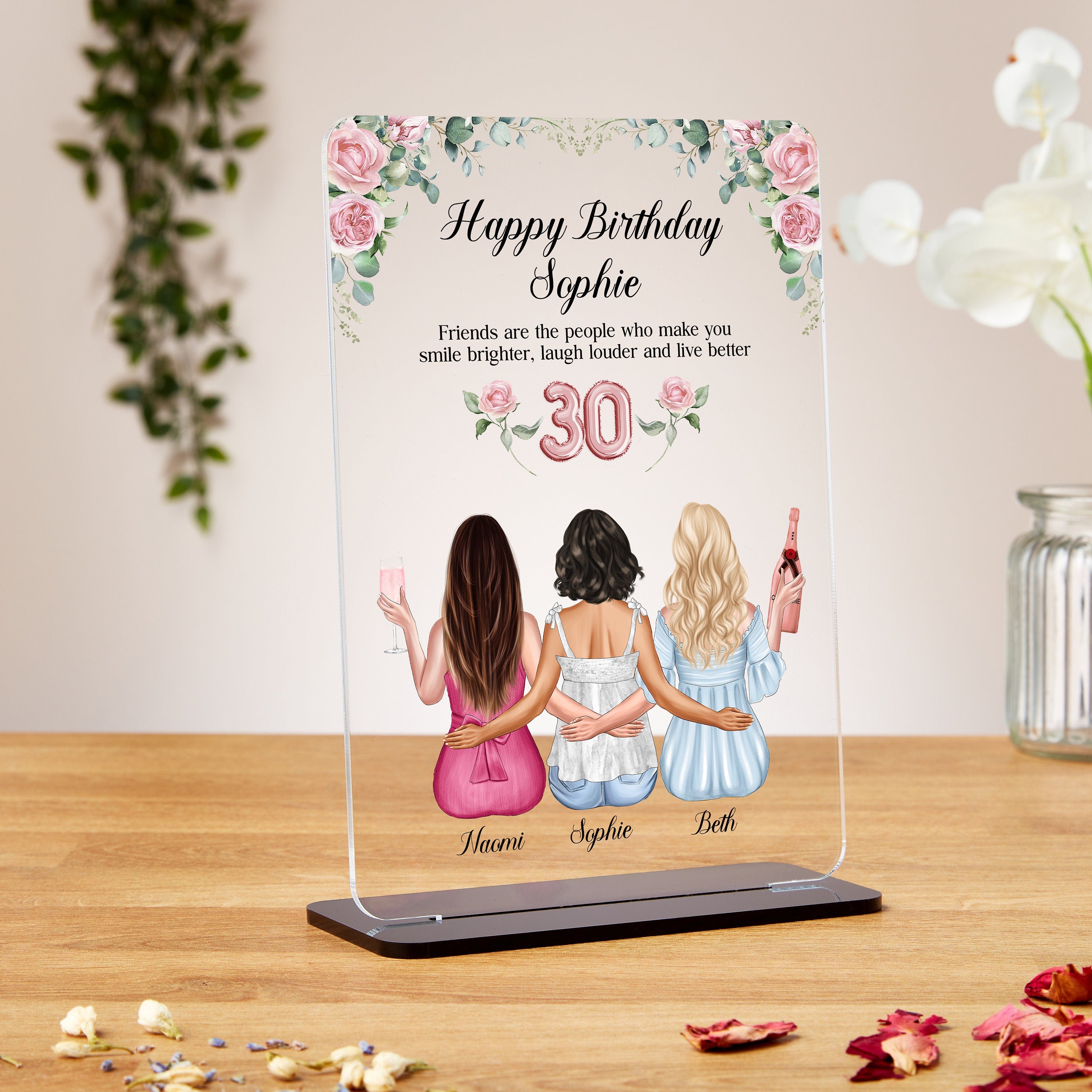 30th Birthday Gift For Best Friend, Custom Art, Florals, Pink Birthday Balloons