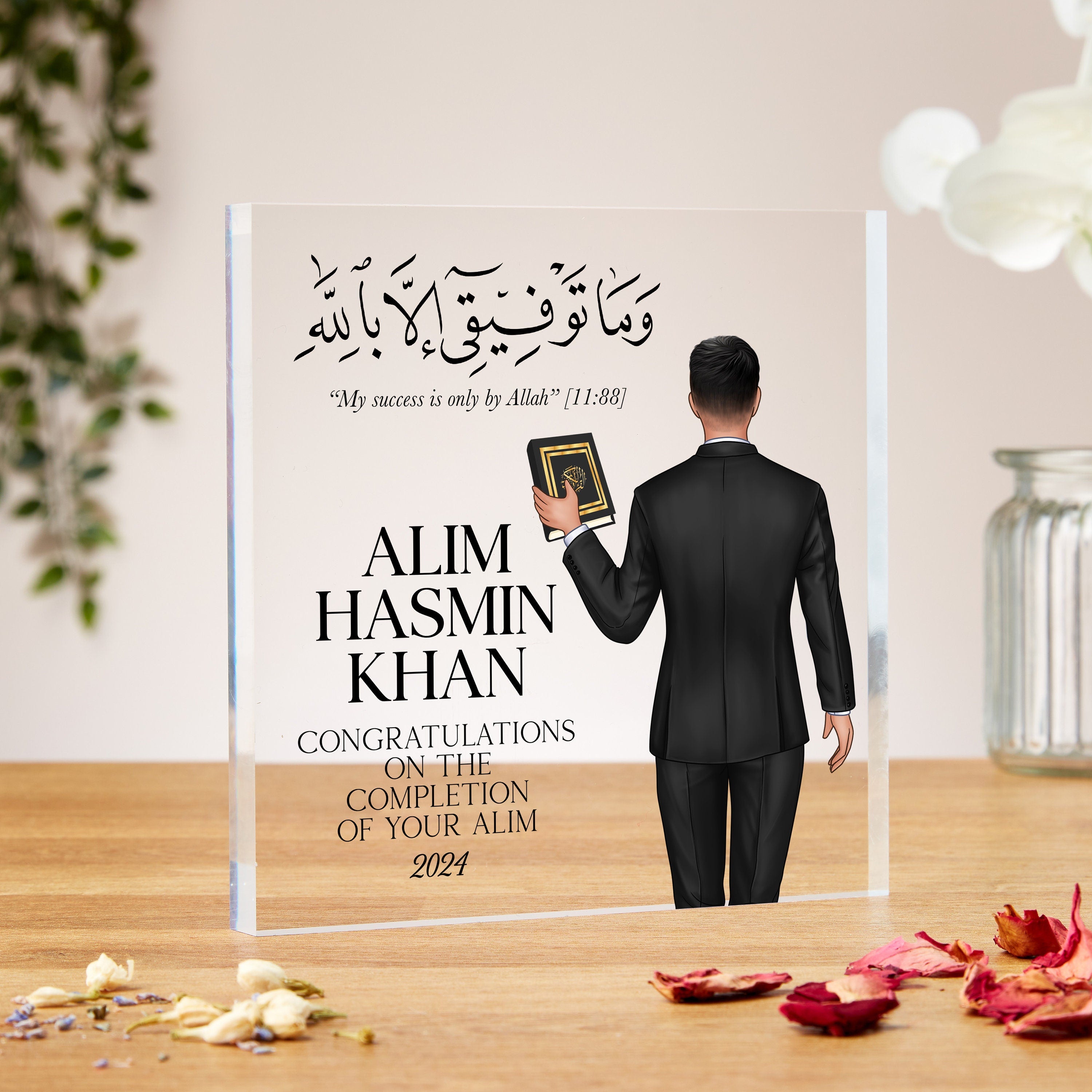 Alim Completion Gift, Acrylic Block With Male Holding Quran And Arabic Calligraphy