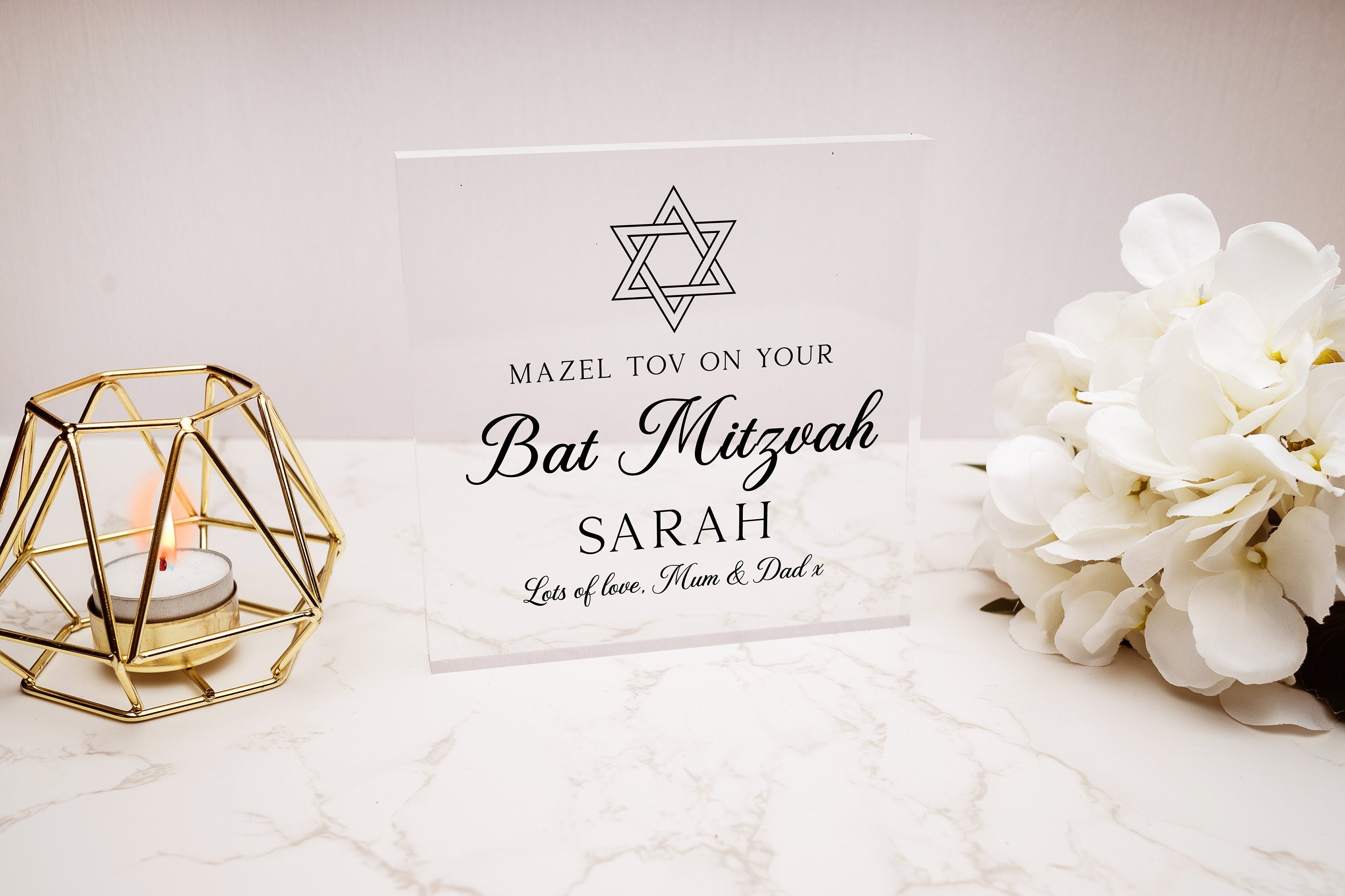 Bar Or Bat Mitzvah Gift For Boys And Girls, Personalised Jewish Acrylic Block, Mazel Tov Wording