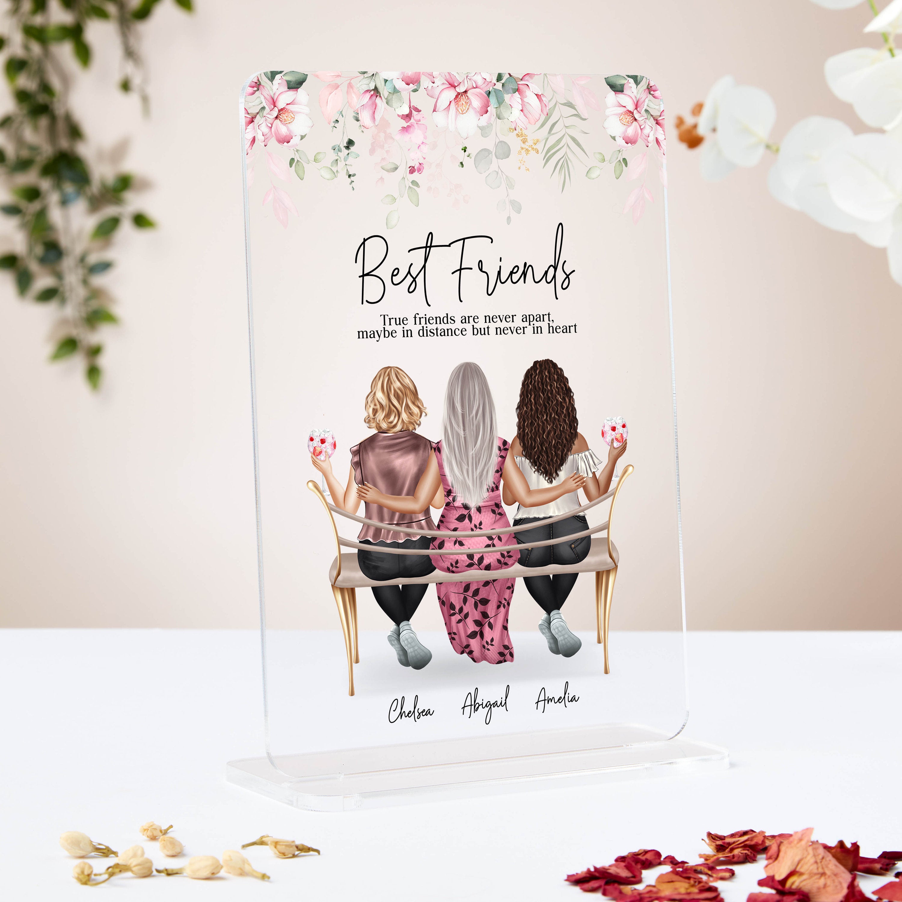Best Friend Acrylic Plaque, Custom Milestone Birthday Gift With 3 Best Friends Art