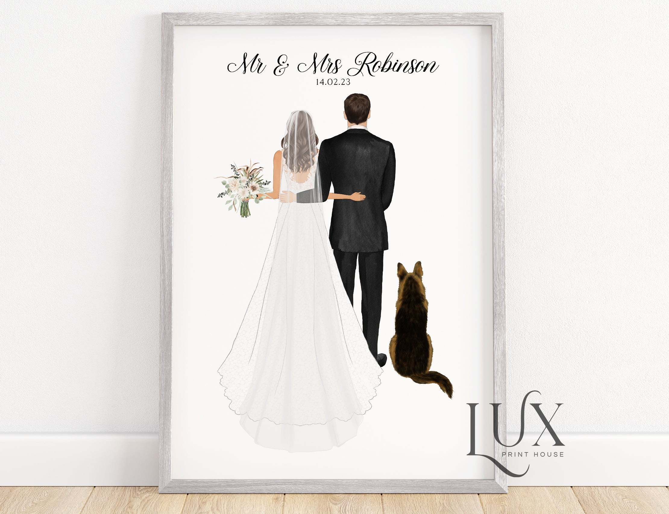 Bride And Groom / Mr & Mrs Personalised Wedding Print With Pets