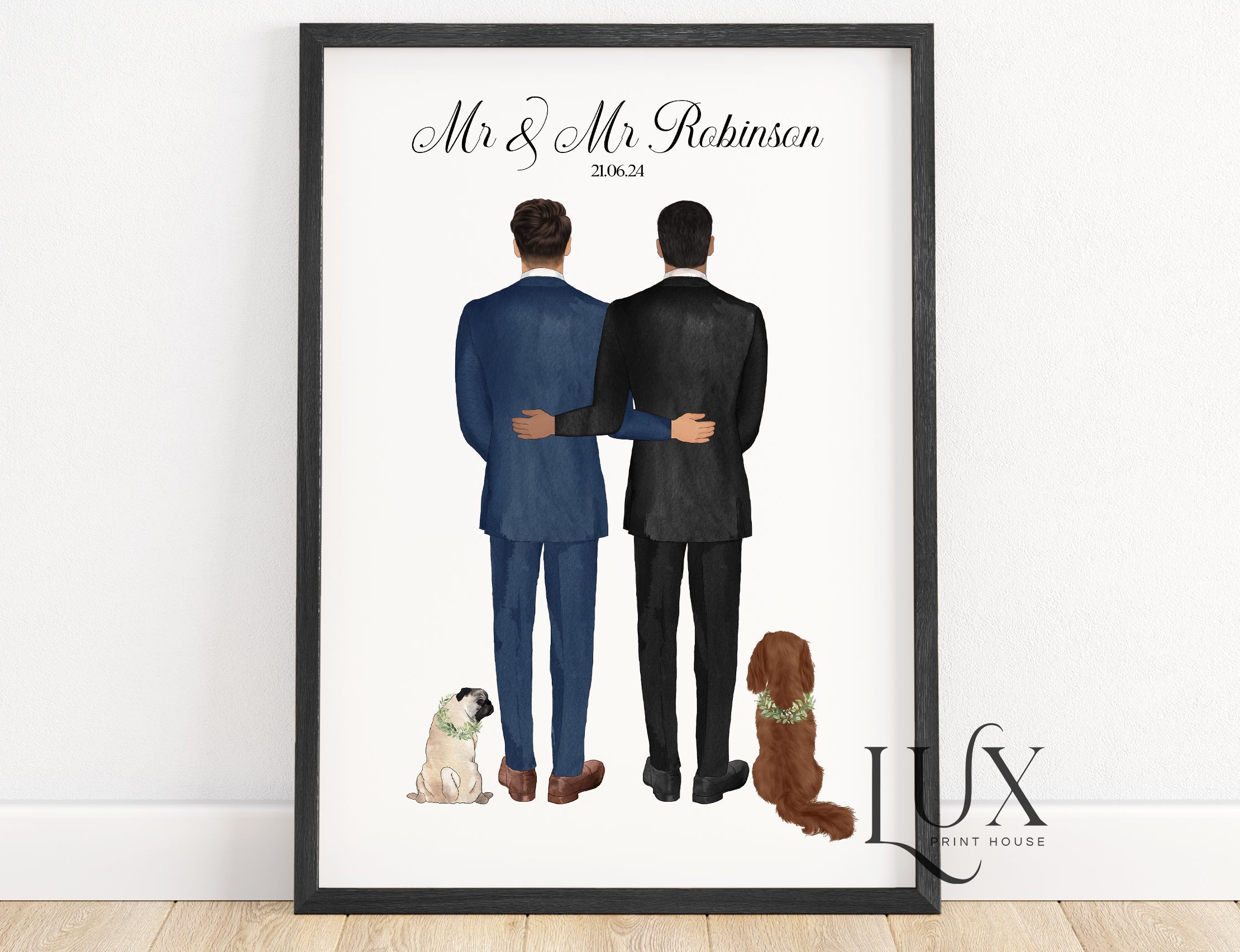 Groom And Groom / Mr & Mrs Personalised Wedding Print With Pets