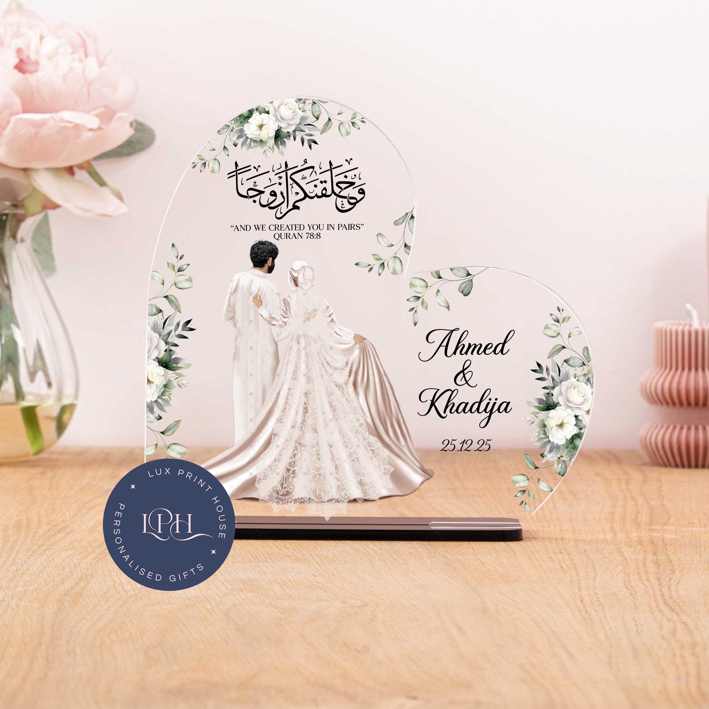 Muslim Wedding Acrylic Heart Gift, With Bride And Groom Art, We Created You In Pairs Arabic Calligraphy