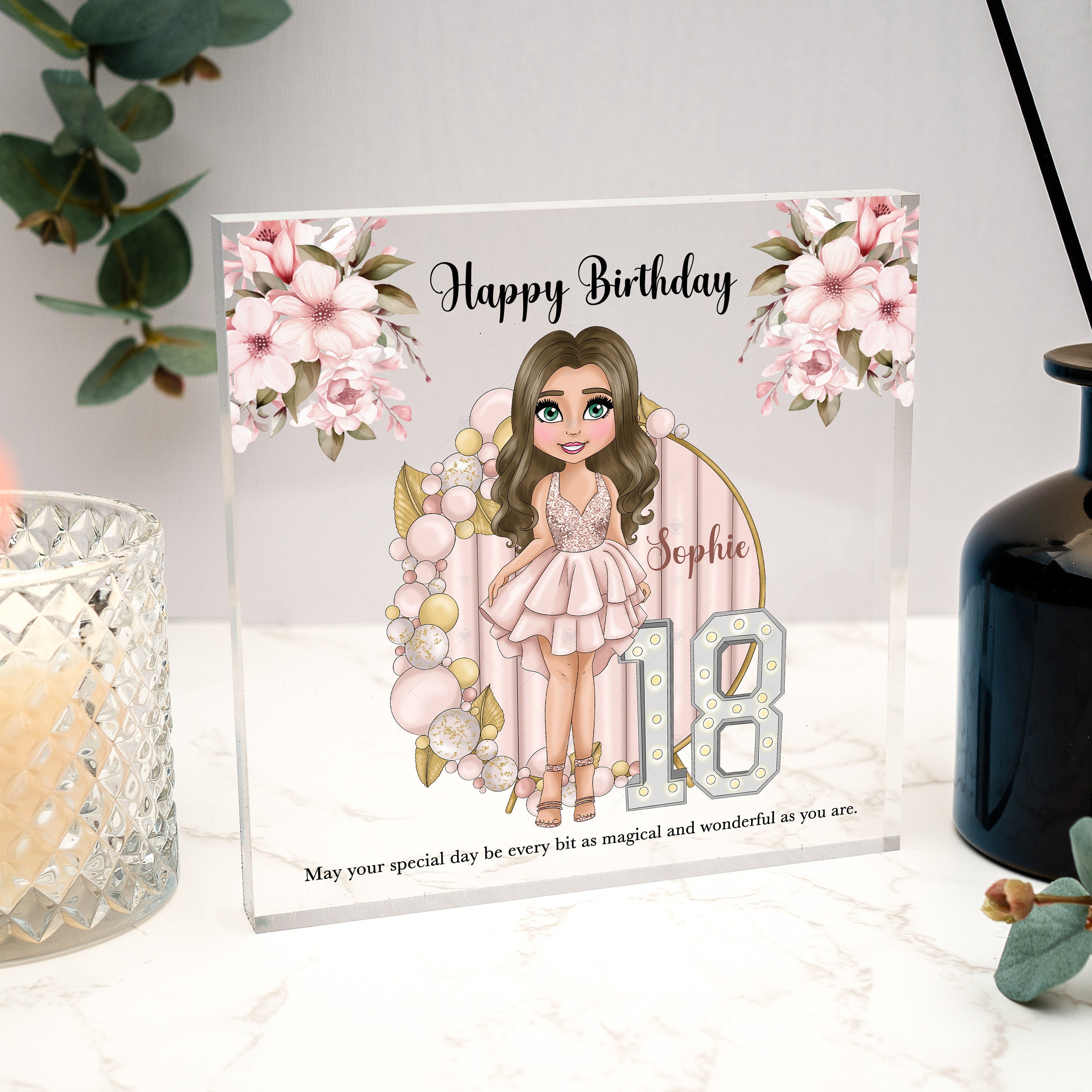 16th, 18th or 21st Birthday Gift Girl Acrylic Block, With Pink Dress, Balloons And Florals