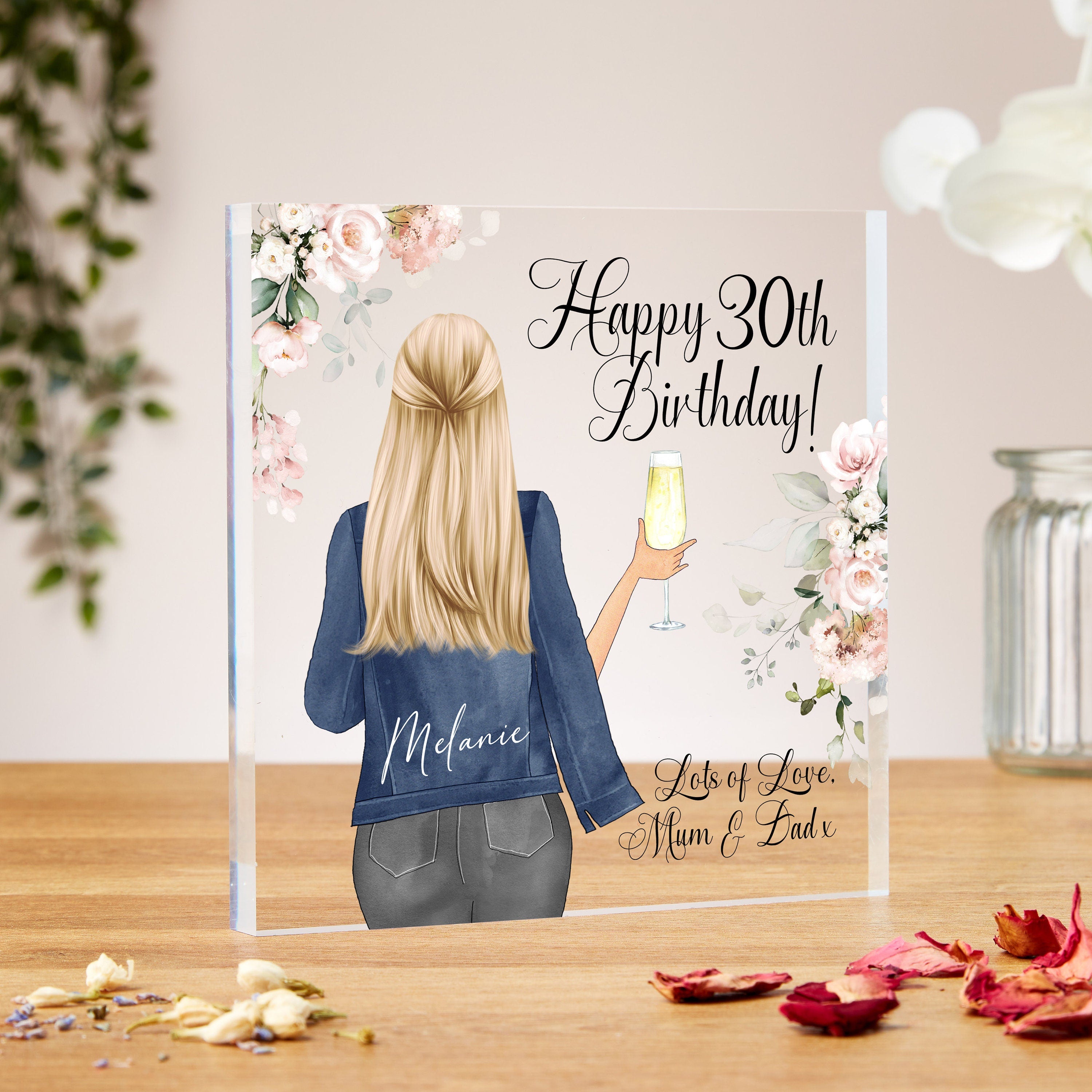 30th Birthday Gift Acrylic Block, Pink Florals, Jacket And Jeans