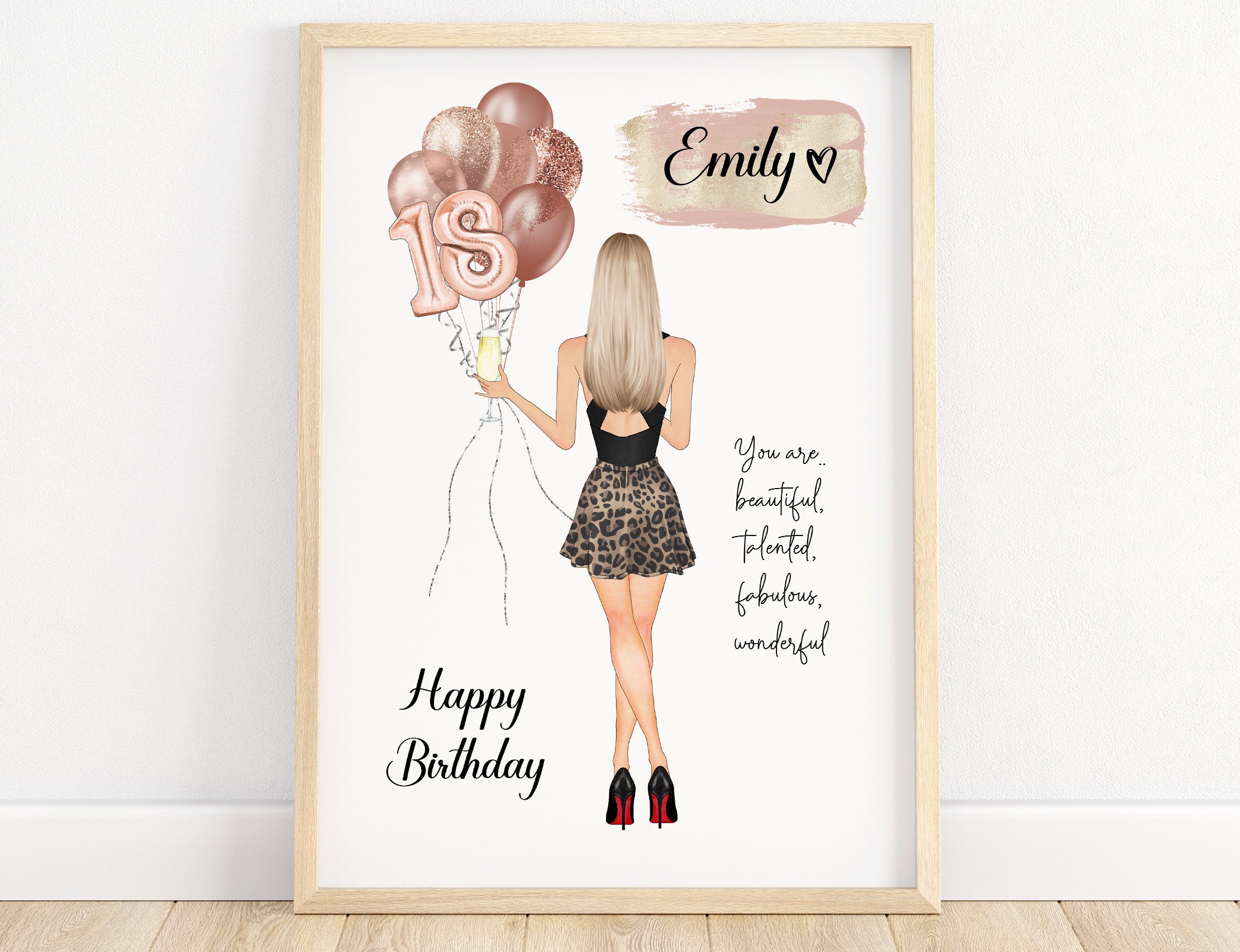 18th Birthday Personalised Print, With Girl Holding Balloons and Drink