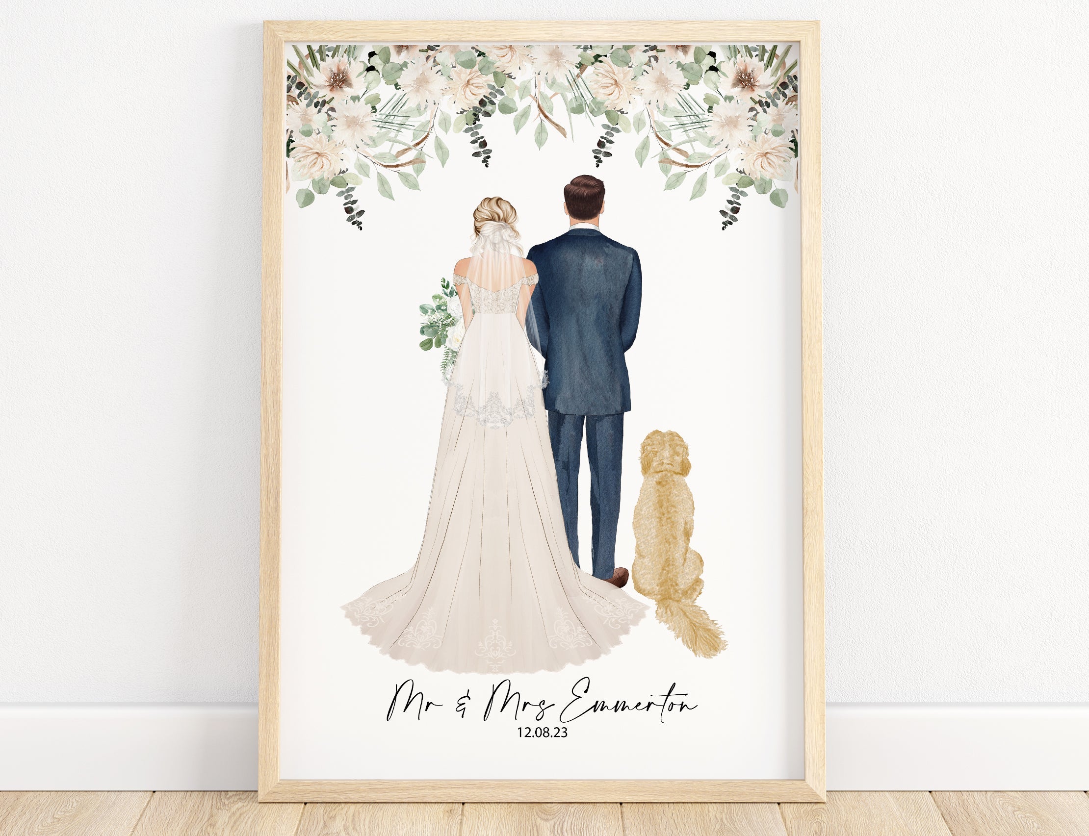 Bride And Groom Personalised Wedding Print With Pets