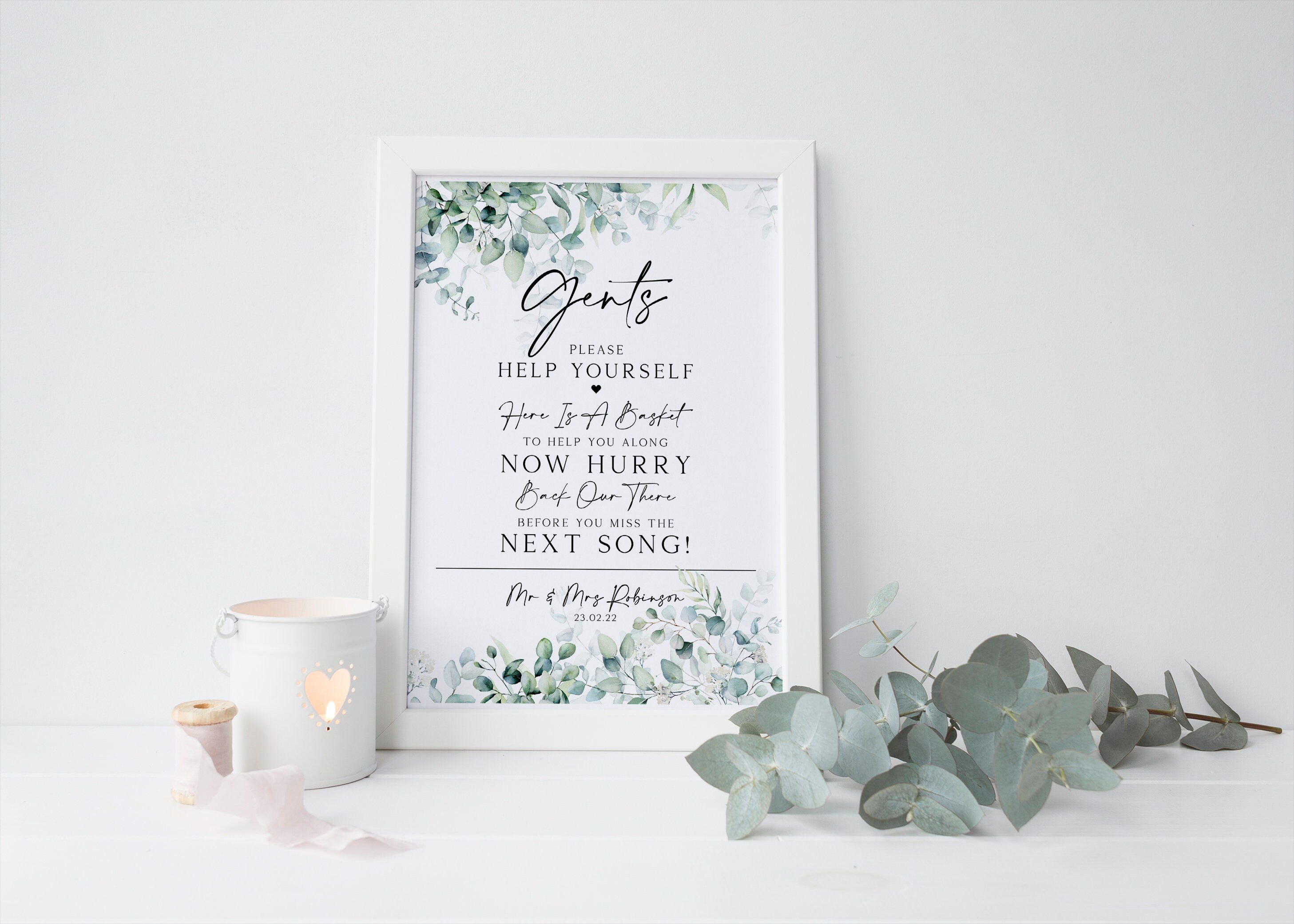 PERSONALISED gents wedding toiletry sign, toilet sign basket, wedding reception sign, gents bathroom wedding sign, freshen up, eucalyptus