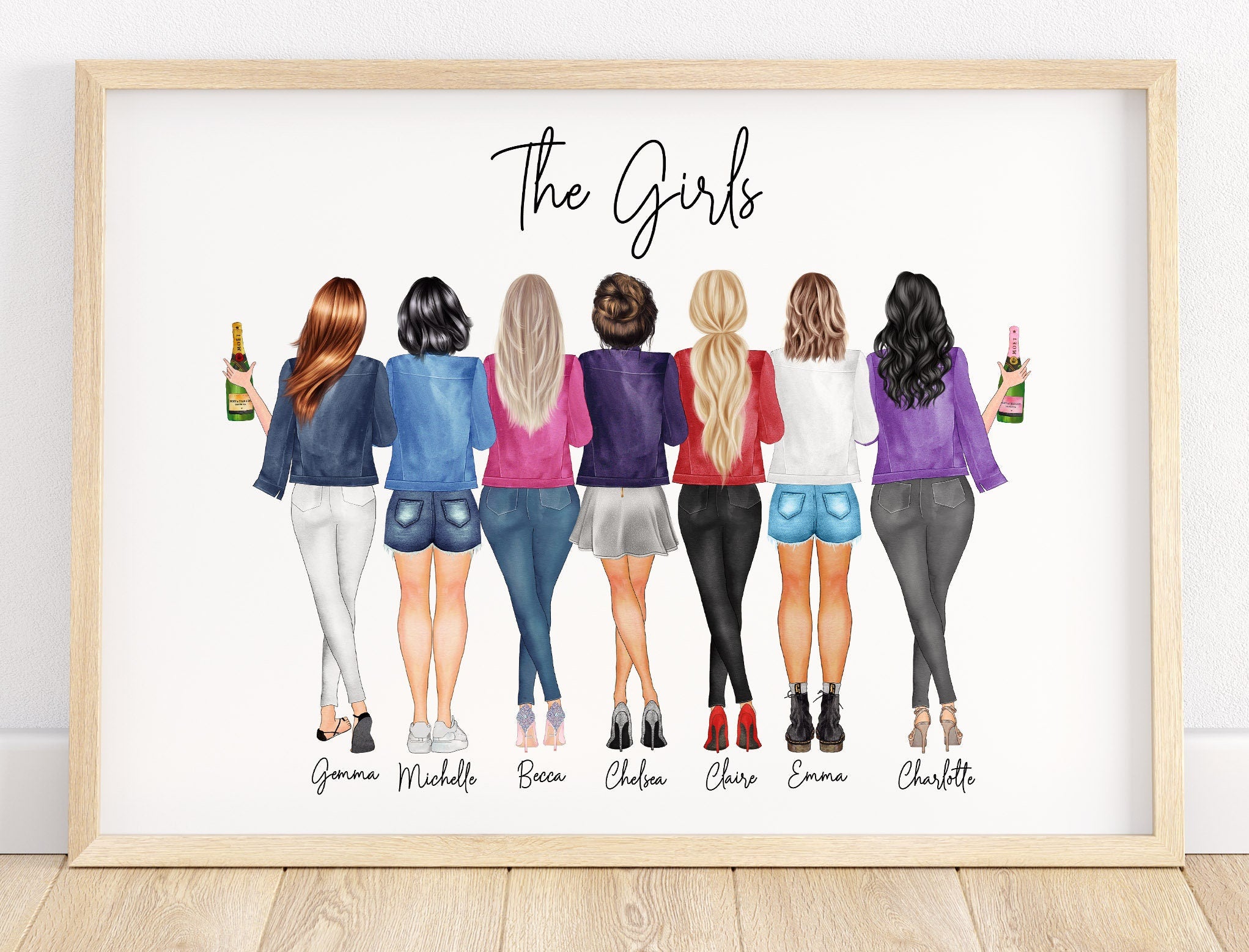 Best friend gift, group of friends print, best friend print, best friend picture, friendship illustration, friendship gift, girl group print