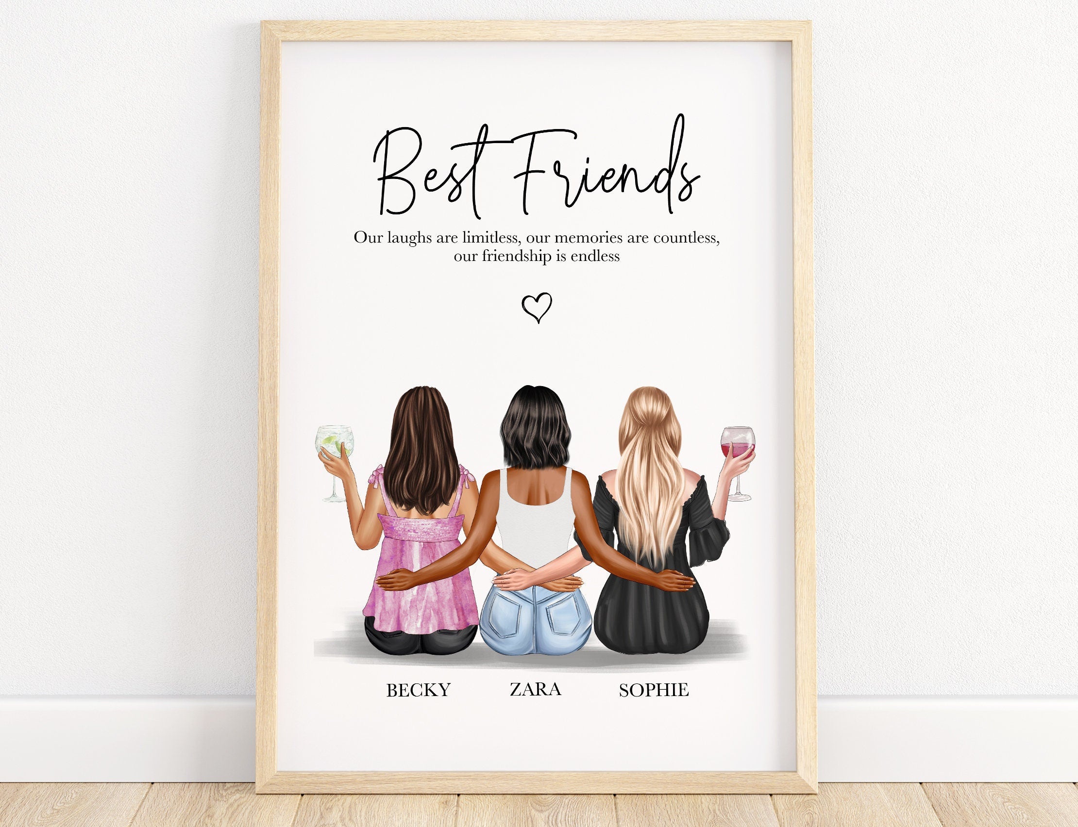 3 best friend print, friendship gift for 3, bestie gift for her, friendship illustration, birthday gift, 3 friends picture, sister, bff gift