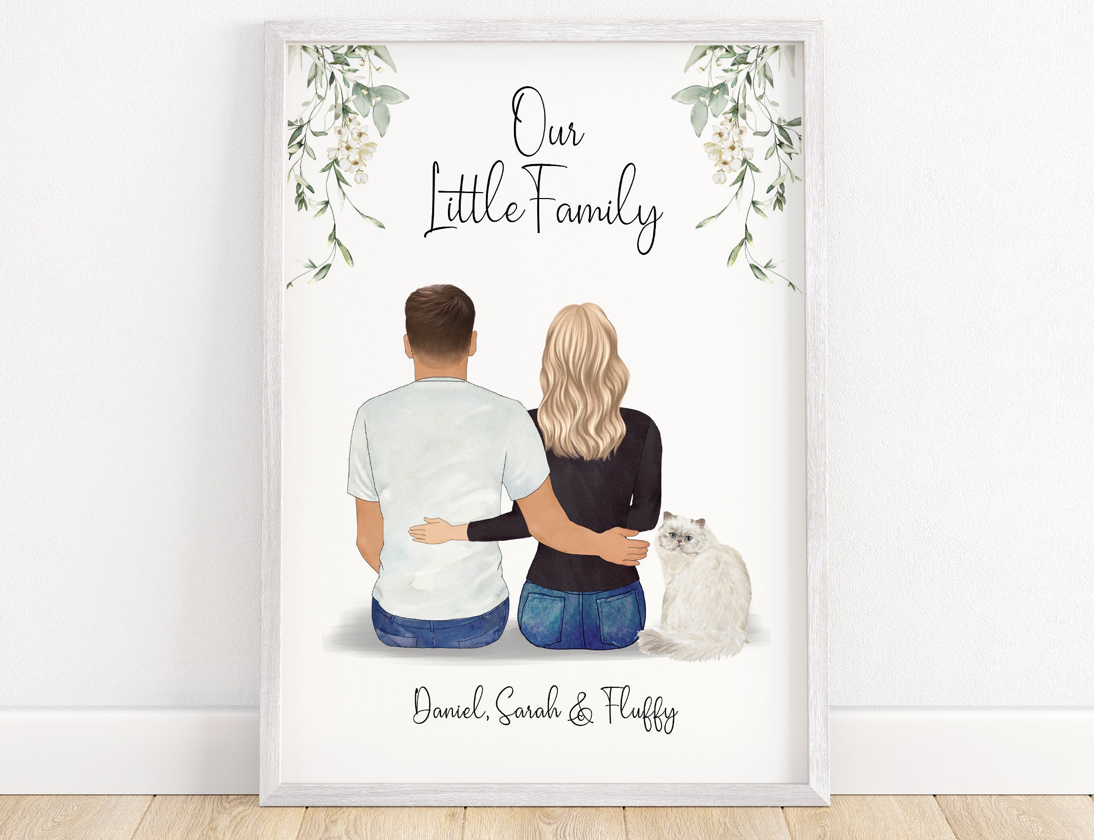 Couple print with dog, family print, couple and pet print, couple illustration, anniversary gift, birthday gift, moving in gift, new home
