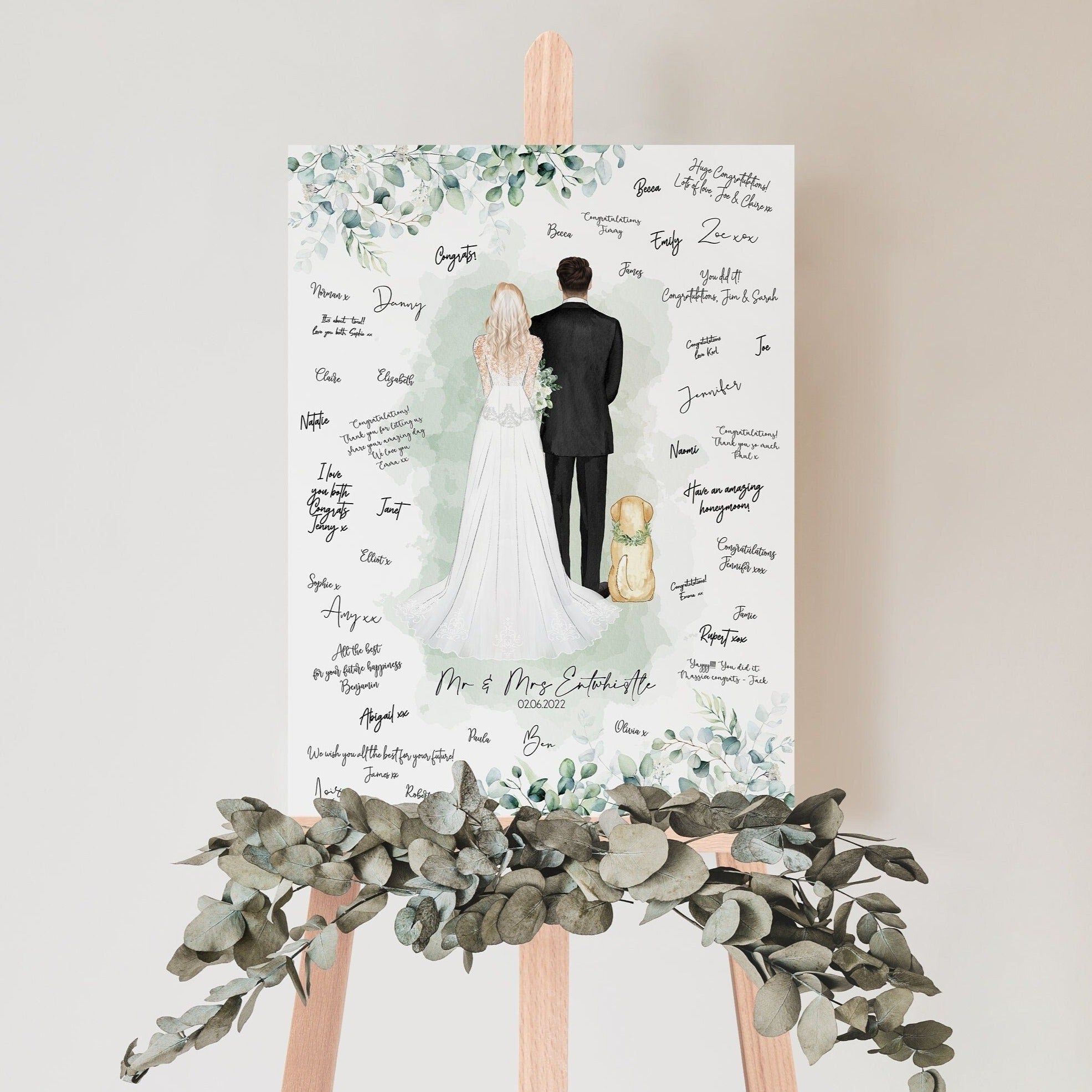 Guest book alternative, personalised wedding welcome sign, eucalyptus, greenery, guest book drawing, wedding print, dog, DIGITAL DOWNLOAD